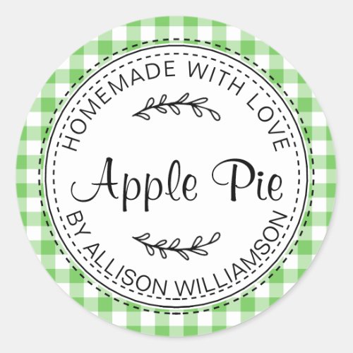 Rustic Homemade Apple Pie Green Check Pattern Classic Round Sticker