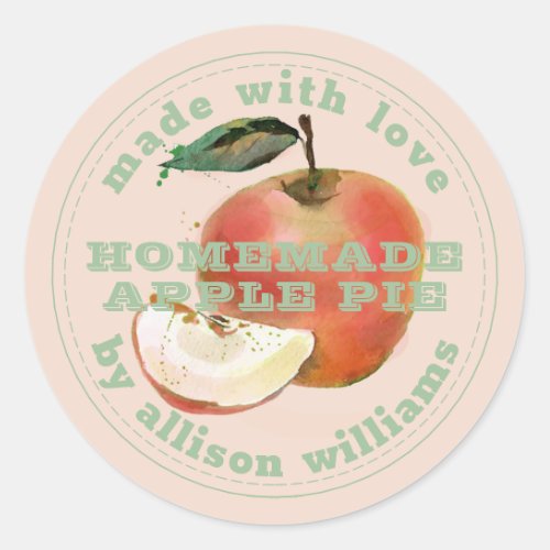 Rustic Homemade Apple Pie Green Pink Classic Round Sticker