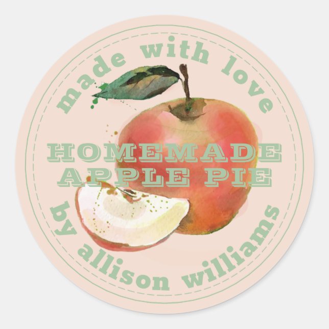 Rustic Homemade Apple Pie Green Pink Classic Round Sticker (Front)