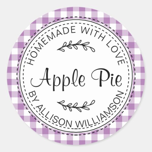 Rustic Homemade Apple Pie Lavender Purple Check Classic Round Sticker