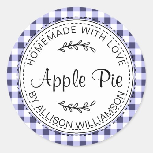 Rustic Homemade Apple Pie Navy Blue Check Classic Round Sticker