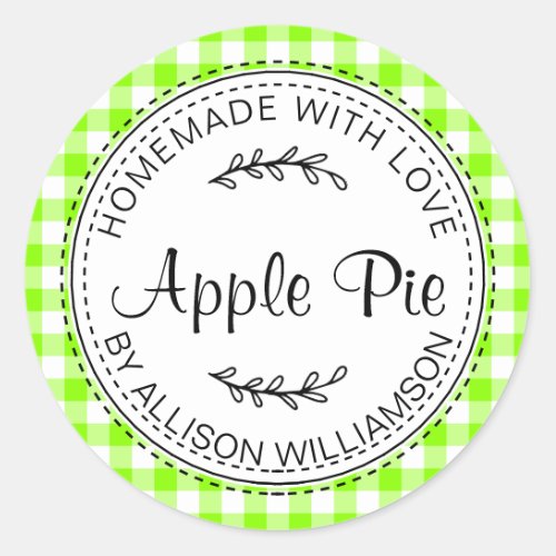 Rustic Homemade Apple Pie Neon Green Check Classic Round Sticker