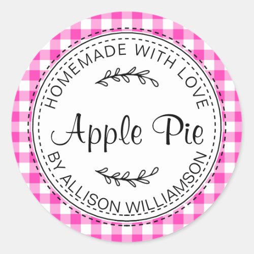 Rustic Homemade Apple Pie Neon Pink Check Classic Round Sticker
