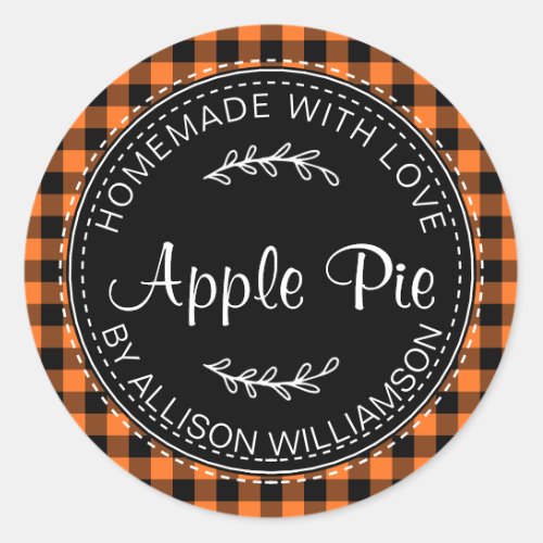 Rustic Homemade Apple Pie Orange Black Plaid Classic Round Sticker