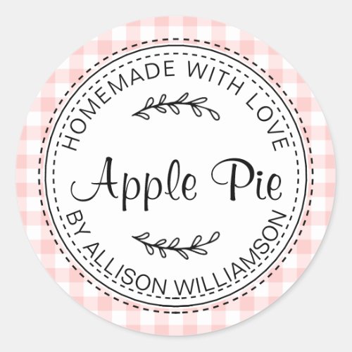 Rustic Homemade Apple Pie Pink White Check Classic Round Sticker