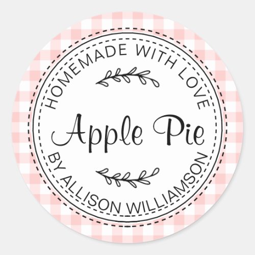 Rustic Homemade Apple Pie Pink White Check Classic Round Sticker