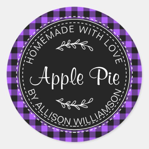 Rustic Homemade Apple Pie Purple Black Plaid Classic Round Sticker