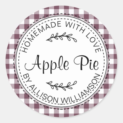 Rustic Homemade Apple Pie Purple Check Classic Round Sticker