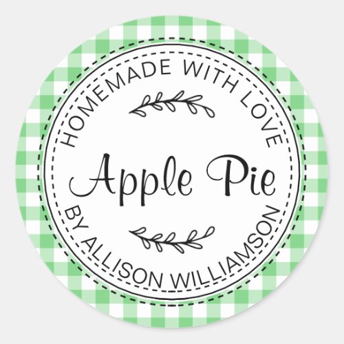 Rustic Homemade Apple Pie Summer Green Check Classic Round Sticker