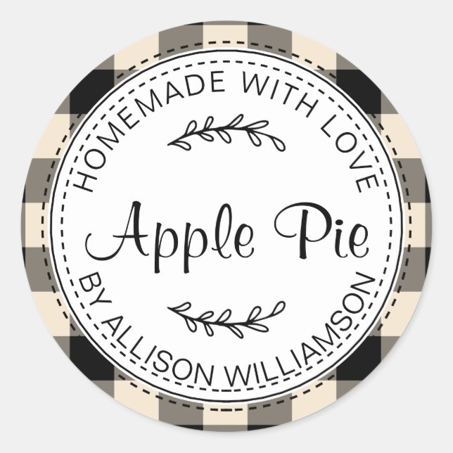 Rustic Homemade Baked Goods Apple Pie Black Check Classic Round Sticker (Front)
