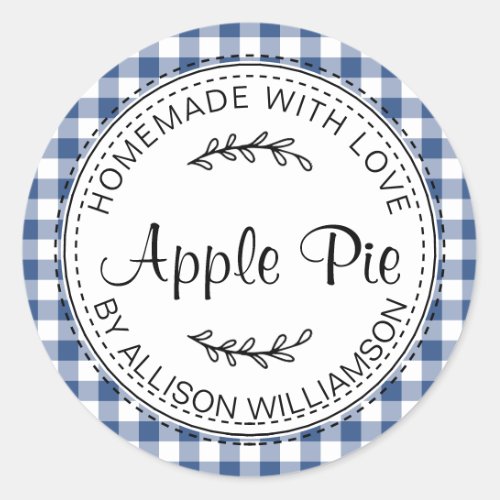Rustic Homemade Baked Goods Apple Pie Blue Check Classic Round Sticker
