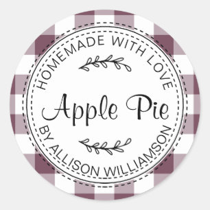 Rustic Homemade Baked Goods Apple Pie Purple Check Classic Round Sticker
