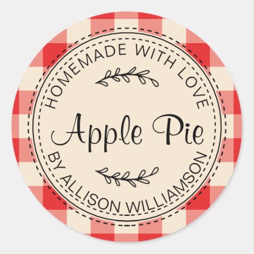 Rustic Homemade Baked Goods Apple Pie Red Check Classic Round Sticker