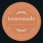 Rustic Homemade Baked Goods Jam Can Burnt Orange Classic Round Sticker<br><div class="desc">Rustic, modern and simple homemade baked goods or jam canning sticker with the text homemade, made with love and your name in white stylish typography on a burnt orange background. Simply add your name to the label. Write the product names on the stickers when your products are ready. Exclusively designed...</div>