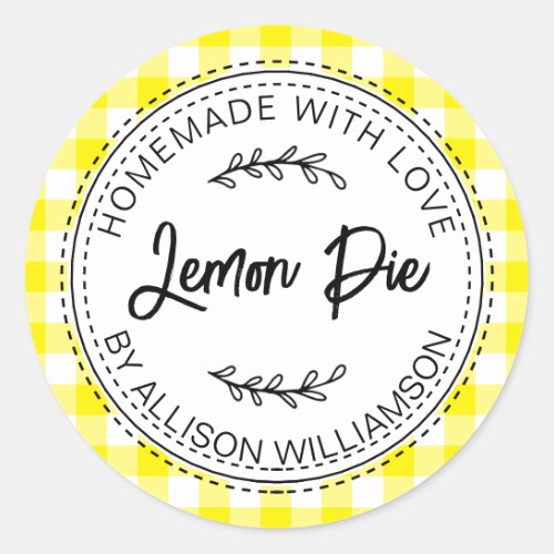Rustic Homemade Baked Goods Lemon Pie Yellow Check Classic Round Sticker