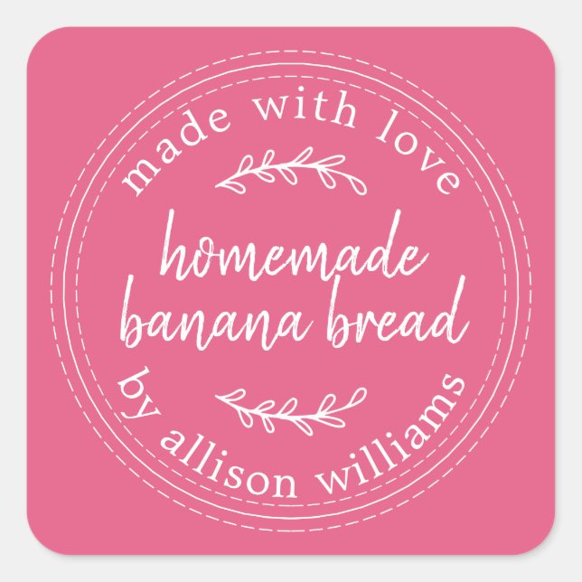 Rustic Homemade Banana Bread Hot Pink Square Sticker (Front)