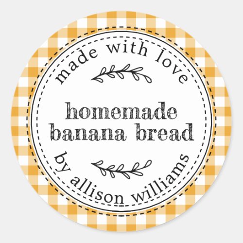 Rustic Homemade Banana Bread Mellow Yellow Check Classic Round Sticker