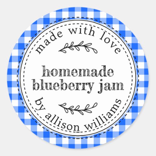 Rustic Homemade Blueberry Jam Bright Blue Check Classic Round Sticker