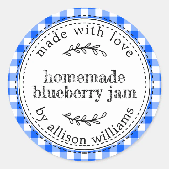Rustic Homemade Blueberry Jam Bright Blue Check Classic Round Sticker ...