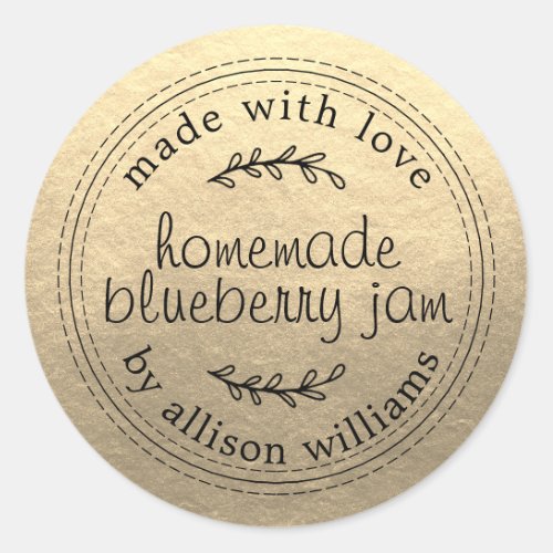 Rustic Homemade Blueberry Jam Can Gold Classic Round Sticker