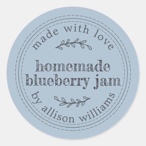 Rustic Homemade Blueberry Jam Can Pastel Blue Classic Round Sticker