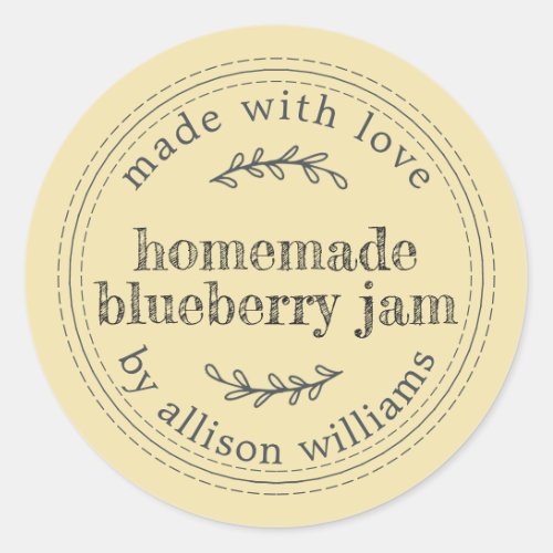 Rustic Homemade Blueberry Jam Can Pastel Yellow Classic Round Sticker