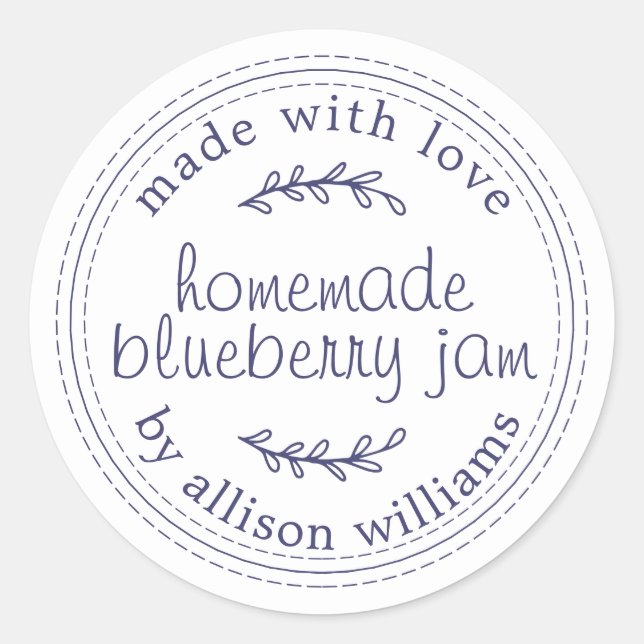 Rustic Homemade Blueberry Jam Canning Blue White Classic Round Sticker (Front)
