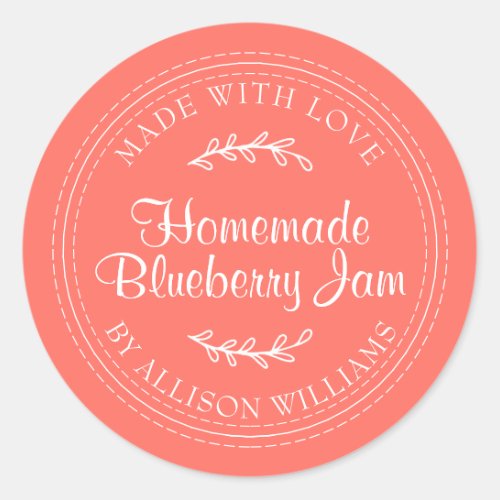 Rustic Homemade Blueberry Jam Canning Bright Coral Classic Round Sticker