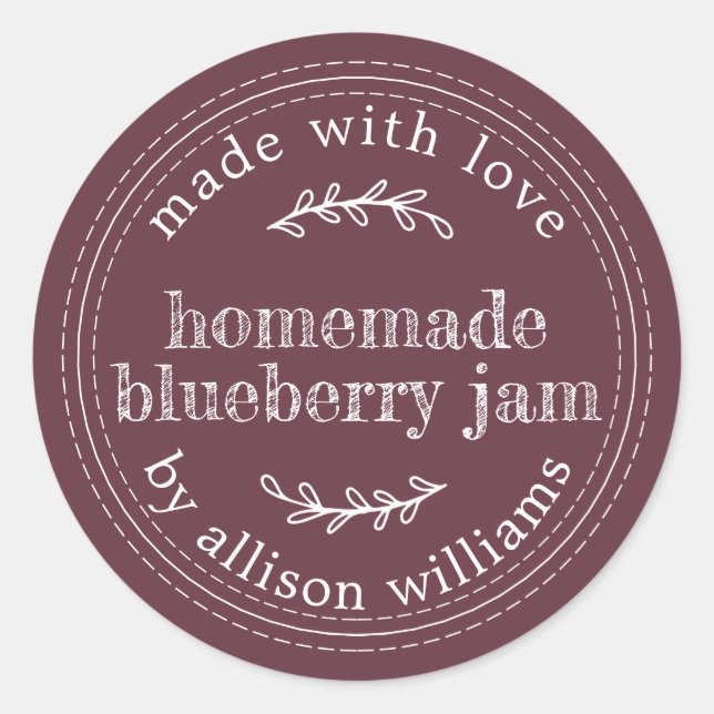 Rustic Homemade Blueberry Jam Canning Burgundy Classic Round Sticker (Front)