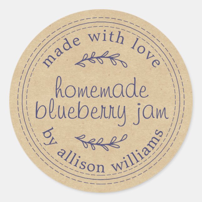 Rustic Homemade Blueberry Jam Canning Kraft Paper Classic Round Sticker (Front)