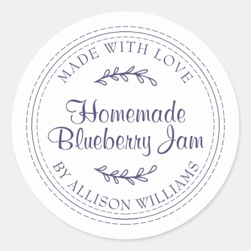 Rustic Homemade Blueberry Jam Navy Blue Scripy Classic Round Sticker
