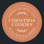 Rustic Homemade Christmas Cookies Burnt Orange Classic Round Sticker<br><div class="desc">Rustic and modern homemade baked goods sticker with the text homemade with love, christmas cookies and your name in modern typography on a burnt orange background. Simply add your name and the product name to the label. Exclusively designed for you by Happy Dolphin Studio. If you need any help or...</div>
