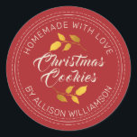 Rustic Homemade Christmas Cookies Festive Red Classic Round Sticker<br><div class="desc">Rustic and modern homemade baked goods sticker with the text homemade with love, christmas cookies and your name in modern typography on a festive red background with a stylish touch of gold foliage. Simply add your name and the product name to the label. Exclusively designed for you by Happy Dolphin...</div>