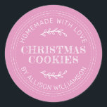 Rustic Homemade Christmas Cookies Fuchsia Pink Classic Round Sticker<br><div class="desc">Rustic and modern homemade baked goods sticker with the text homemade with love, christmas cookies and your name in modern typography on a fuchsia pink background. Simply add your name and the product name to the label. Exclusively designed for you by Happy Dolphin Studio. If you need any help or...</div>