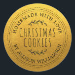 Rustic Homemade Christmas Cookies Gold Classic Round Sticker<br><div class="desc">Rustic and modern homemade baked goods sticker with the text homemade with love, christmas cookies and your name in stylish typography on a classic gold background. Simply add your name and the product name to the label. Exclusively designed for you by Happy Dolphin Studio. If you need any help or...</div>