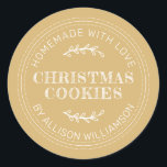 Rustic Homemade Christmas Cookies Gold Yellow Classic Round Sticker<br><div class="desc">Rustic and modern homemade baked goods sticker with the text homemade with love, christmas cookies and your name in modern typography on a bright days gold yellow background. Simply add your name and the product name to the label. Exclusively designed for you by Happy Dolphin Studio. If you need any...</div>