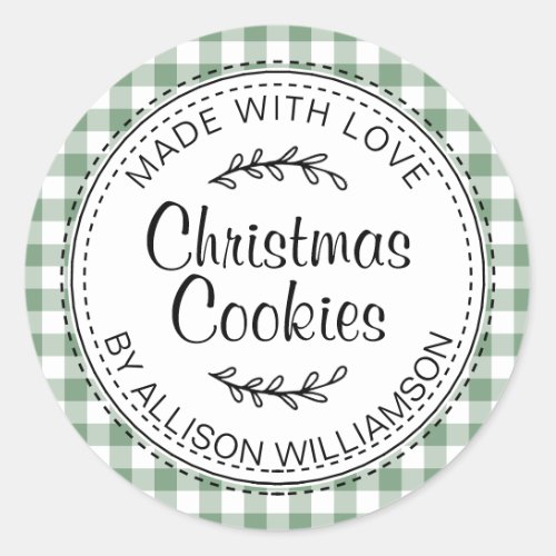 Rustic Homemade Christmas Cookies Green Check Classic Round Sticker