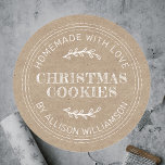 Rustic Homemade Christmas Cookies Kraft Paper Classic Round Sticker<br><div class="desc">Rustic and modern homemade baked goods sticker with the text homemade with love, christmas cookies and your name in modern typography on a kraft paper background. Simply add your name and the product name to the label. Exclusively designed for you by Happy Dolphin Studio. If you need any help or...</div>