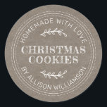 Rustic Homemade Christmas Cookies Kraft Paper Classic Round Sticker<br><div class="desc">Rustic and modern homemade baked goods sticker with the text homemade with love, christmas cookies and your name in modern typography on a kraft paper background. Simply add your name and the product name to the label. Exclusively designed for you by Happy Dolphin Studio. If you need any help or...</div>