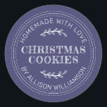 Rustic Homemade Christmas Cookies Navy Blue Classic Round Sticker<br><div class="desc">Rustic and modern homemade baked goods sticker with the text homemade with love, christmas cookies and your name in modern typography on a navy blue background. Simply add your name and the product name to the label. Exclusively designed for you by Happy Dolphin Studio. If you need any help or...</div>