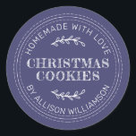 Rustic Homemade Christmas Cookies Navy Blue Classic Round Sticker<br><div class="desc">Rustic and modern homemade baked goods sticker with the text homemade with love, christmas cookies and your name in modern typography on a navy blue background. Simply add your name and the product name to the label. Exclusively designed for you by Happy Dolphin Studio. If you need any help or...</div>