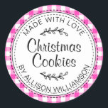 Rustic Homemade Christmas Cookies Neon Pink Check Classic Round Sticker<br><div class="desc">Rustic, modern and simple homemade baked goods apple pie sticker with the text made with love, Christmas cookies and your name in elegant handwritten script calligraphy and typography on a neon pink check pattern background with a stylish touch of foliage. Simply add your name and the product name to the...</div>