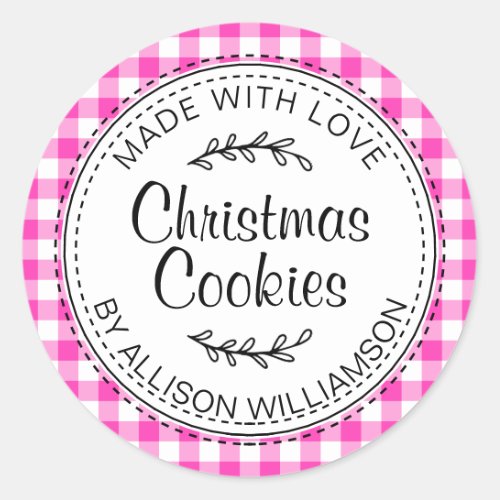 Rustic Homemade Christmas Cookies Neon Pink Check Classic Round Sticker