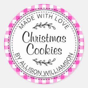 Rustic Homemade Christmas Cookies Neon Pink Check Classic Round Sticker