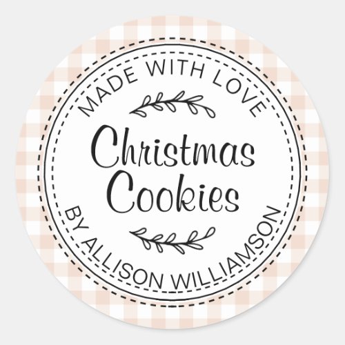 Rustic Homemade Christmas Cookies Pink Check Classic Round Sticker