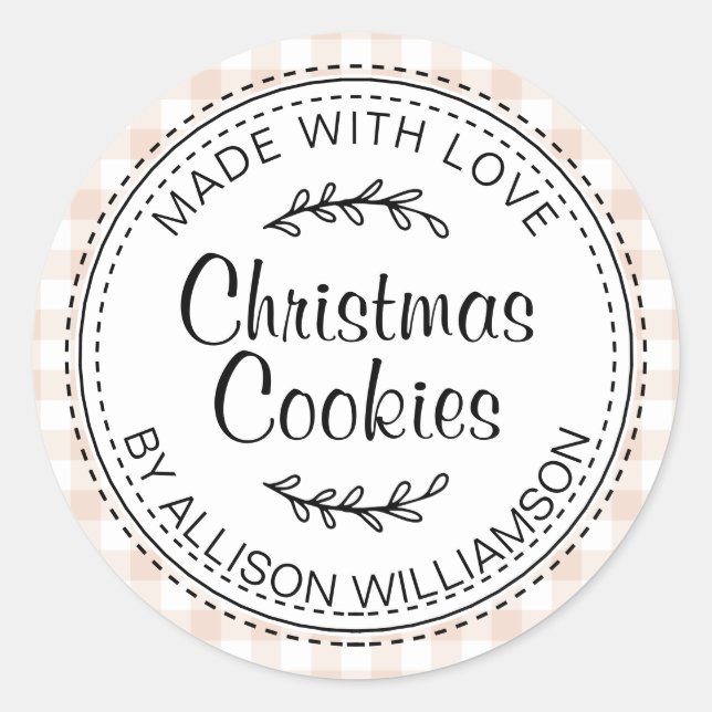 Rustic Homemade Christmas Cookies Pink Check Classic Round Sticker (Front)