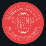 Rustic Homemade Christmas Cookies Red Classic Round Sticker<br><div class="desc">Rustic and modern homemade baked goods sticker with the text homemade with love, christmas cookies and your name in stylish typography on a red background. Simply add your name and the product name to the label. Exclusively designed for you by Happy Dolphin Studio. If you need any help or matching...</div>