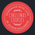 Rustic Homemade Christmas Cookies Red Classic Round Sticker<br><div class="desc">Rustic and modern homemade baked goods sticker with the text homemade with love, christmas cookies and your name in stylish typography on a red background. Simply add your name and the product name to the label. Exclusively designed for you by Happy Dolphin Studio. If you need any help or matching...</div>