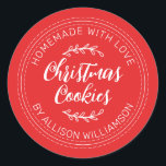 Rustic Homemade Christmas Cookies Red Classic Round Sticker<br><div class="desc">Rustic and modern homemade baked goods sticker with the text homemade with love, christmas cookies and your name in handwritten script calligraphy and modern typography on a bright red background. Simply add your name and the product name to the label. Exclusively designed for you by Happy Dolphin Studio. If you...</div>