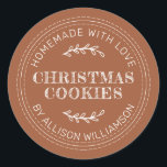 Rustic Homemade Christmas Cookies TerraCotta Classic Round Sticker<br><div class="desc">Rustic and modern homemade baked goods sticker with the text homemade with love, christmas cookies and your name in modern typography on a terracotta background. Simply add your name and the product name to the label. Exclusively designed for you by Happy Dolphin Studio. If you need any help or matching...</div>